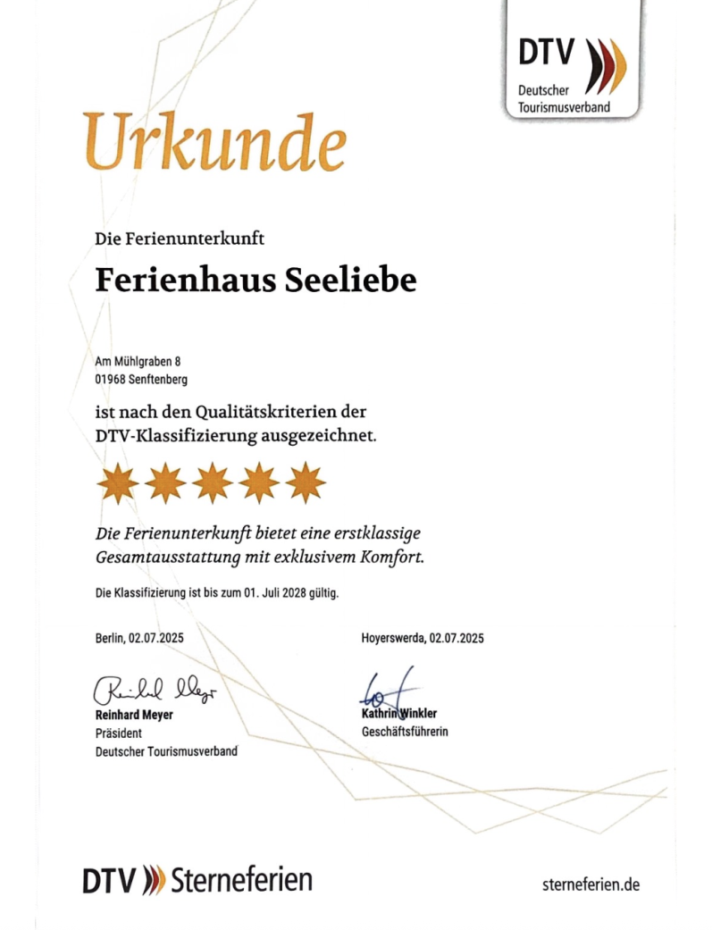DTV 5-Sterne Auszeichnung – Ferienhaus Seeliebe Großkoschen